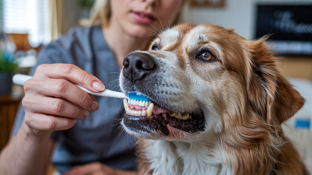 "Dog teeth being brushed showing plaque buildup along gumline during dental care"
