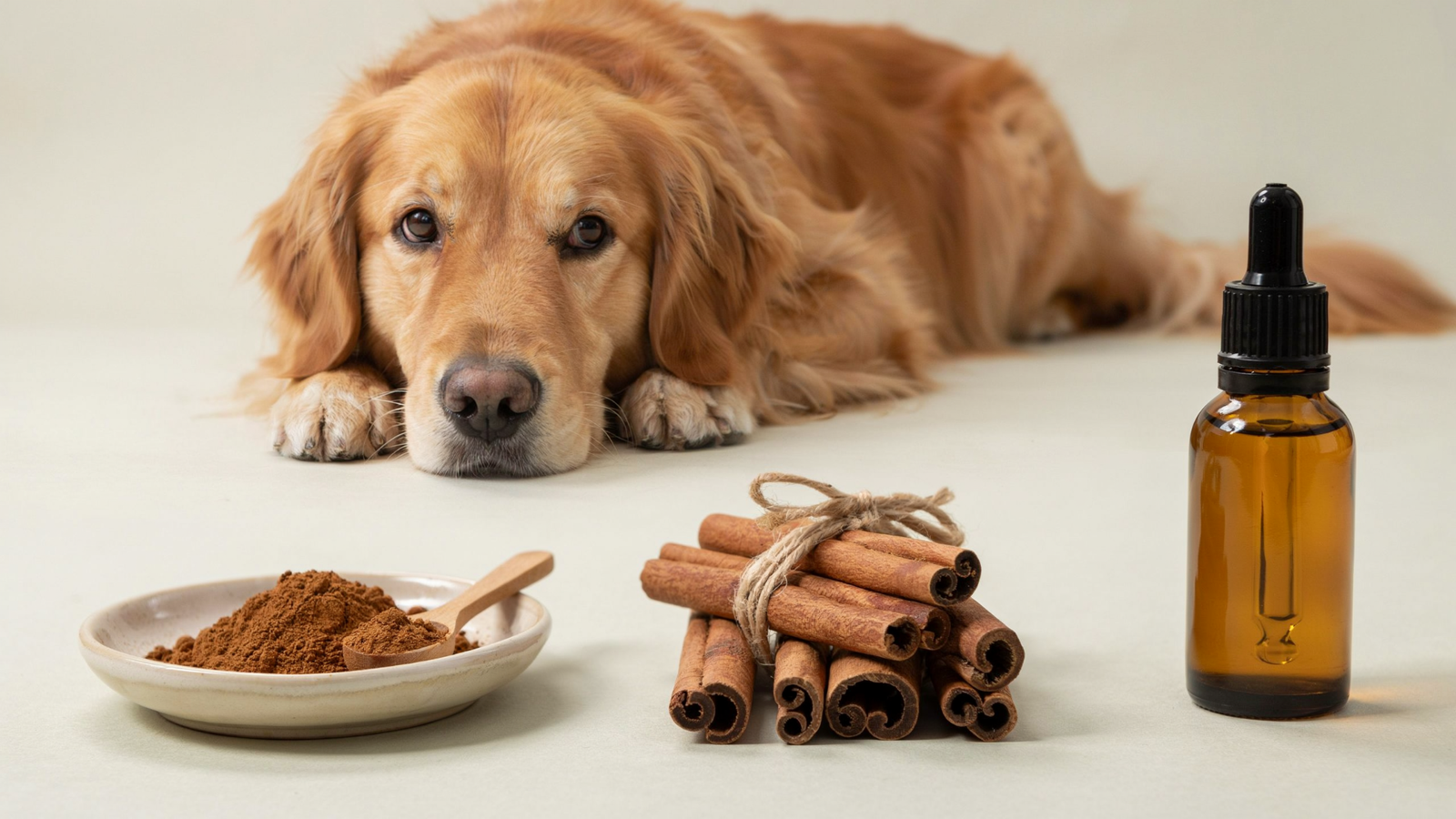 Different forms of cinnamon displayed beside a dog.