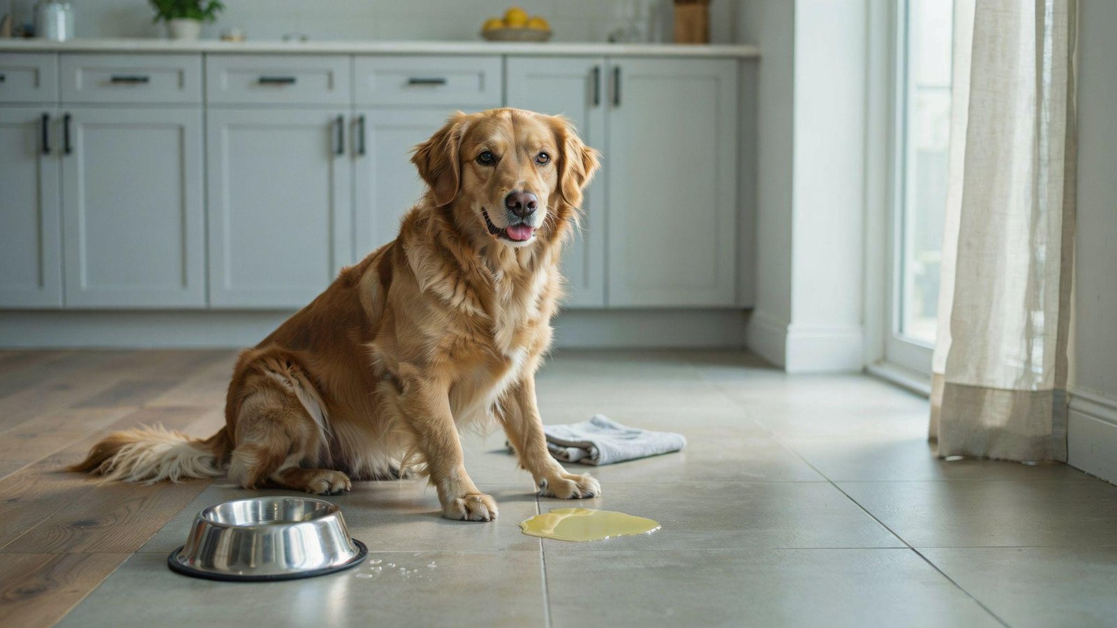 Dog sitting indoors near yellow bile puddle, illustrating canine digestive upset and vomiting.