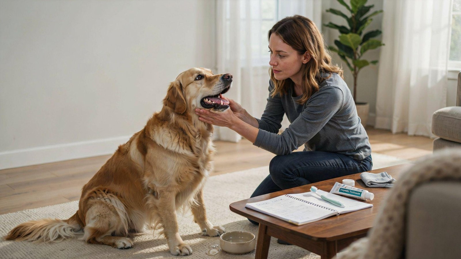"Dog owner gently inspecting pet’s teeth at home highlighting dental health awareness and early detection of oral issues in dogs."
