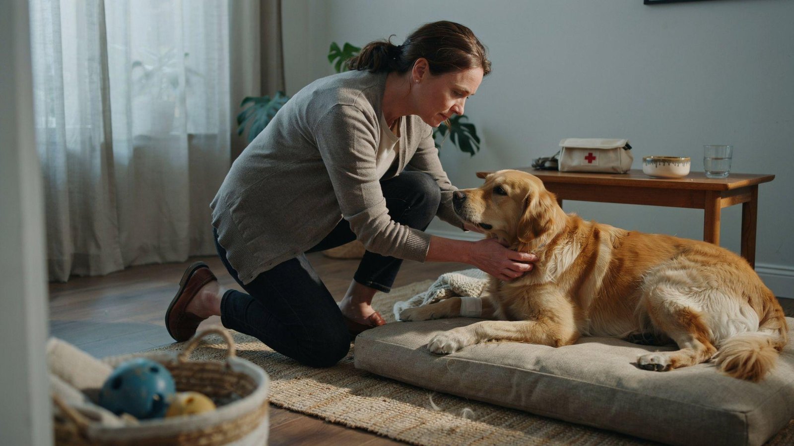 Owner calmly restraining injured dog and encouraging rest indoors warm compassionate home care scene
