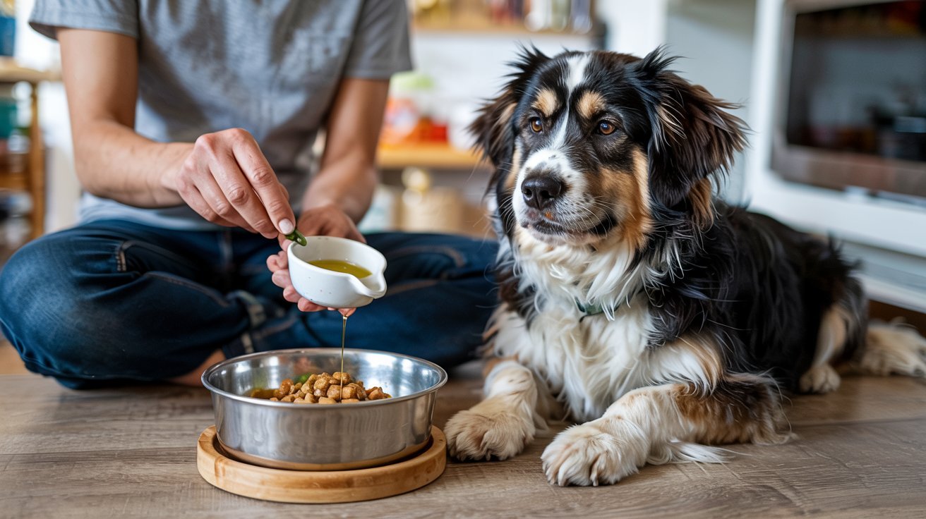 "Dog eating a healthy meal with oils added for dry skin support"