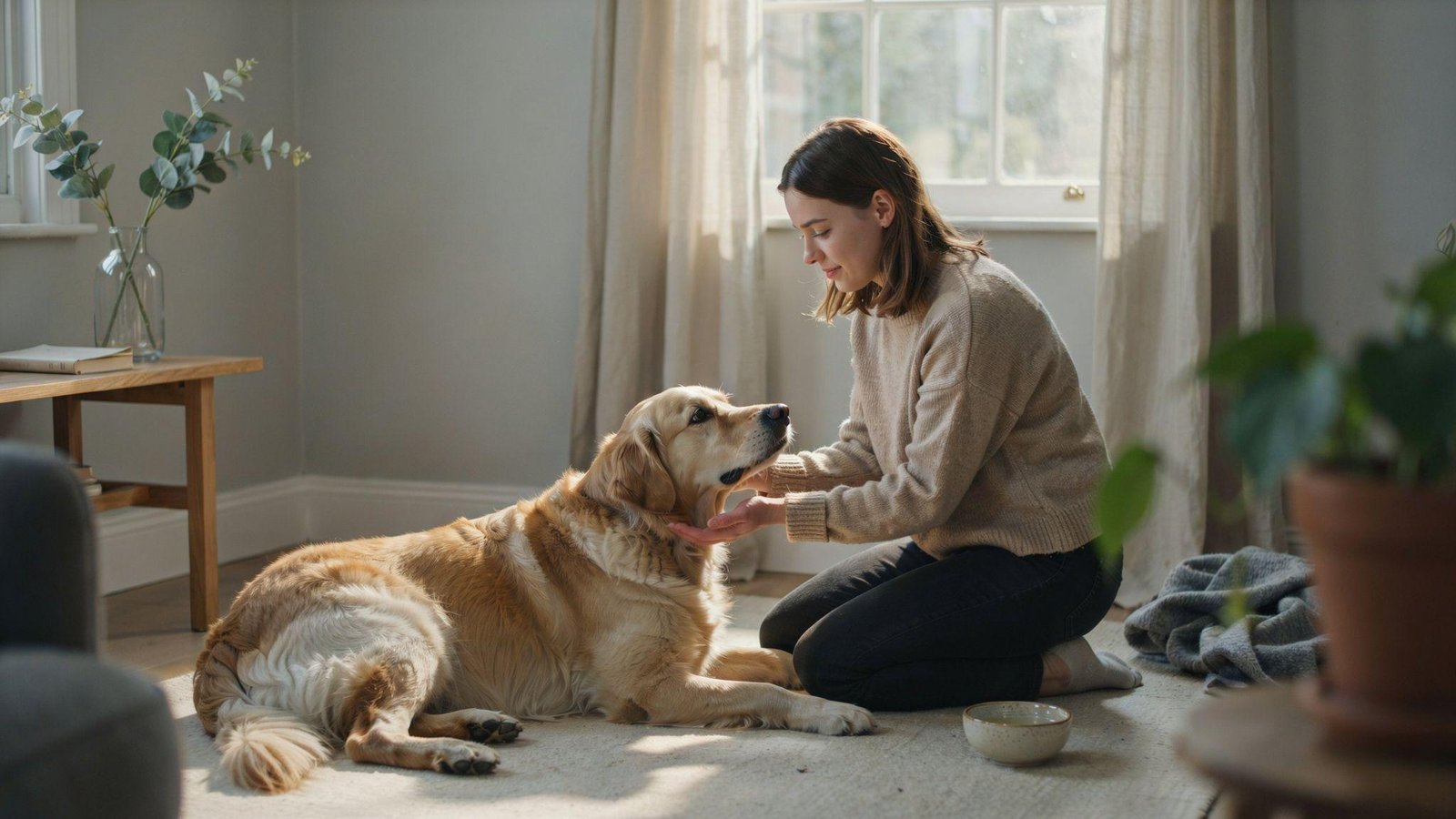 Dog resting comfortably at home with improving bee sting swelling during recovery
