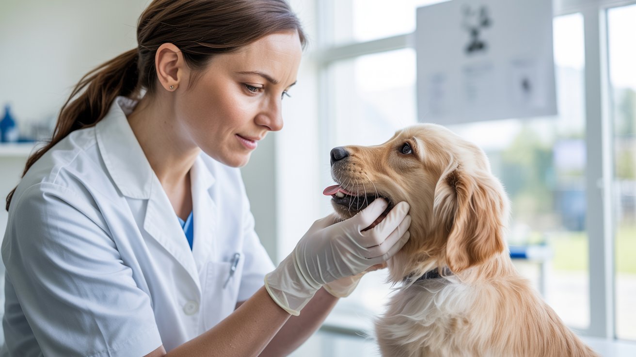 veterinarian examining puppy mouth dental concerns checkup early treatment importance clinic concept image