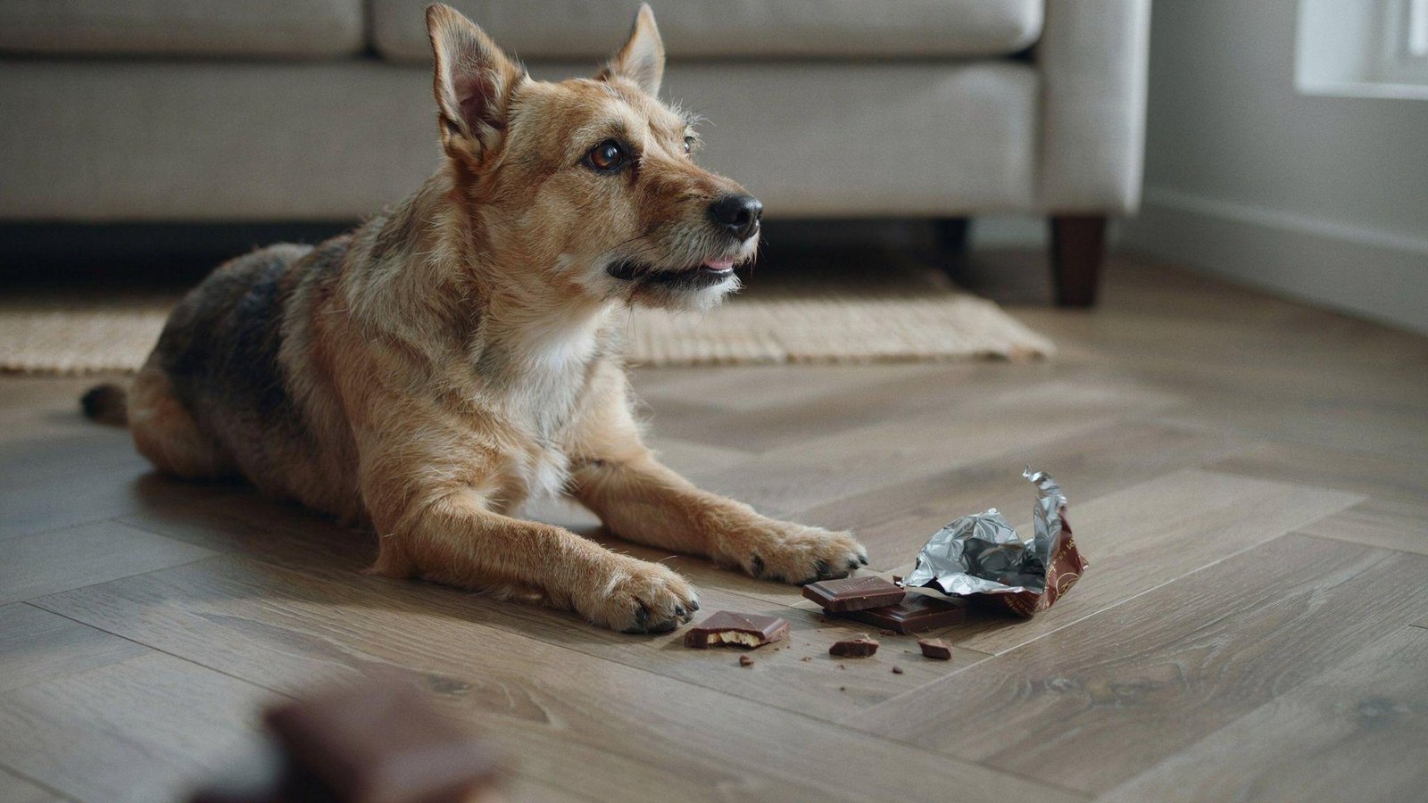 "Small dog near dark chocolate pieces showing warning signs of possible chocolate poisoning risk"