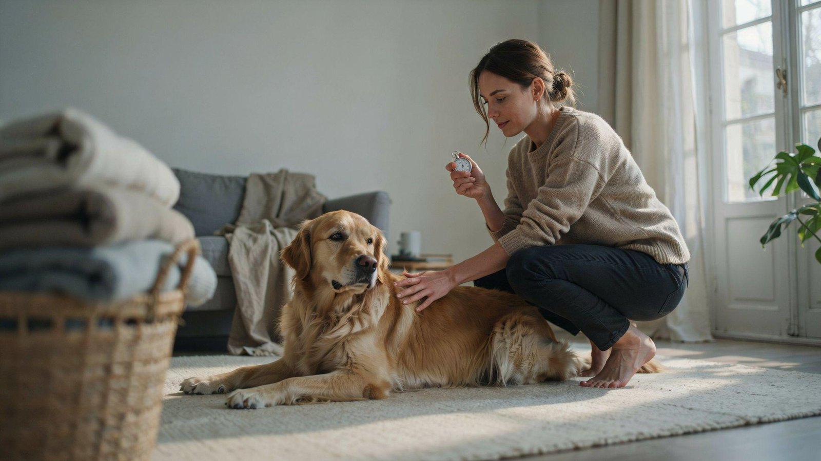 Owner monitoring resting dog's breathing rate to identify excessive panting and health concerns.