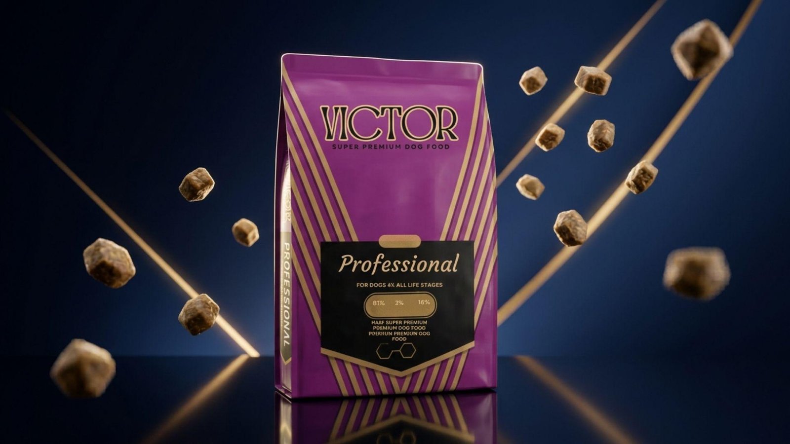 "Victor Professional super premium dog food bag for all life stages with floating kibble pieces on dark blue background"