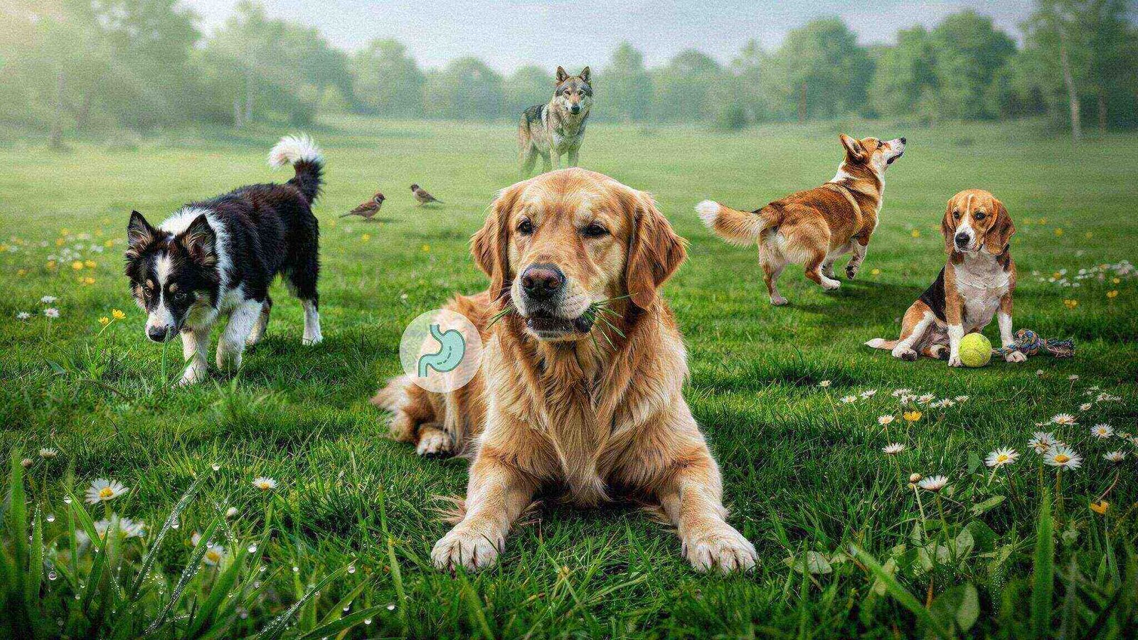 Dog eating grass with visual cues showing instinct, digestion, curiosity, boredom, and anxiety.