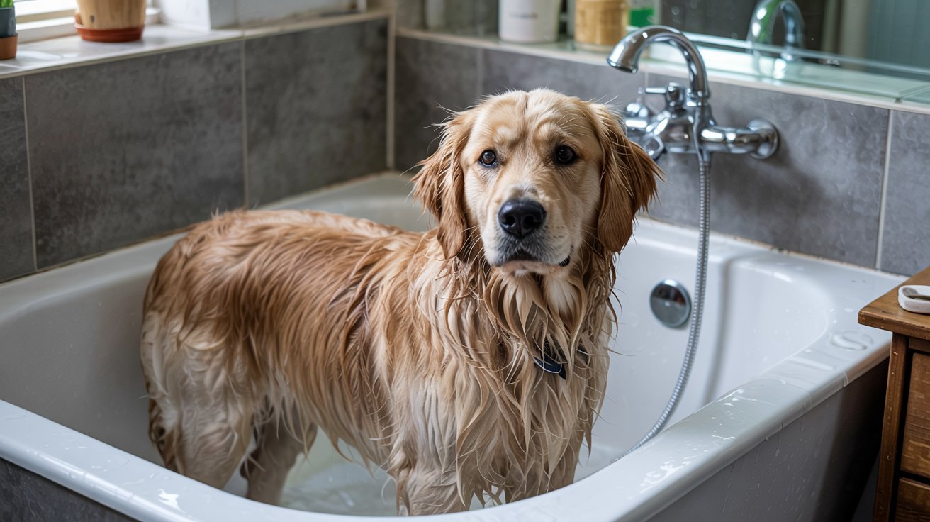 "Golden retriever enjoying a soothing bath for itchy skin relief"