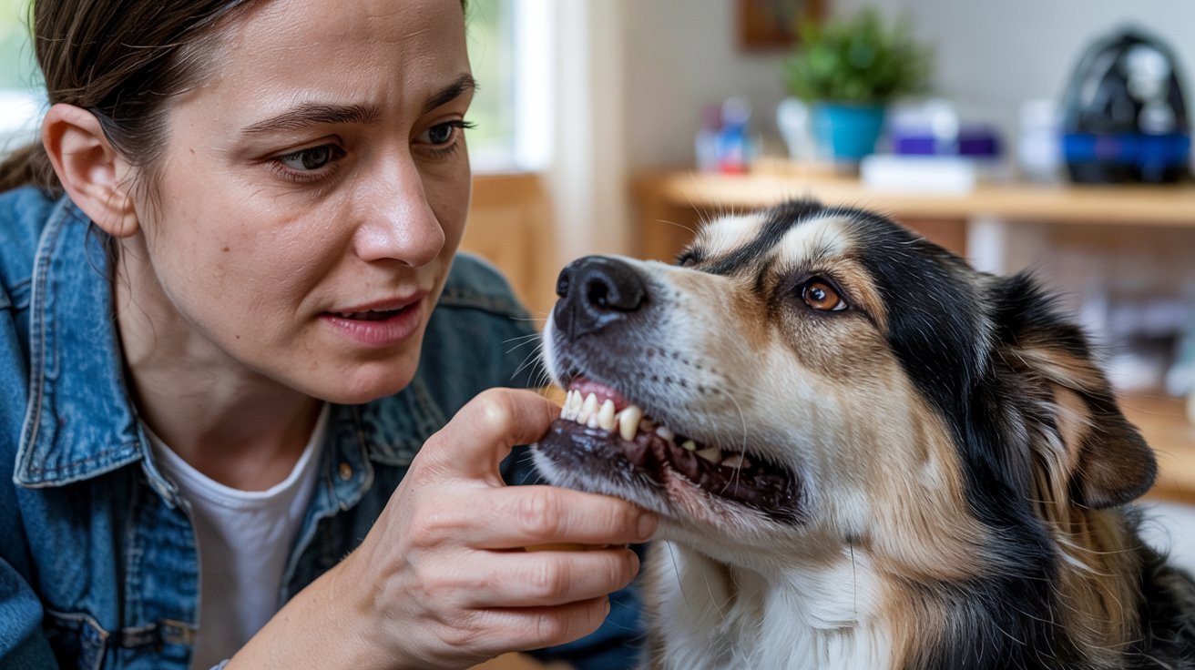 "Close-up of dog’s brown teeth being examined by concerned owner in a home setting"