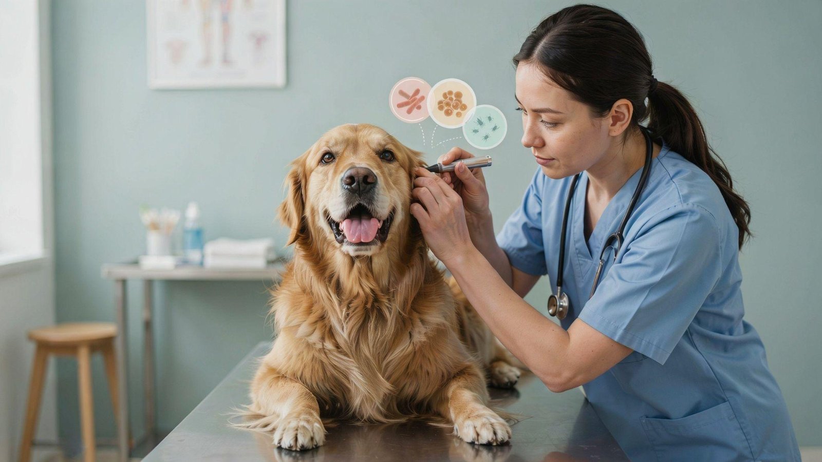 Veterinarian examining dog ear showing infection types illustration with healthy pet care medical background scene
