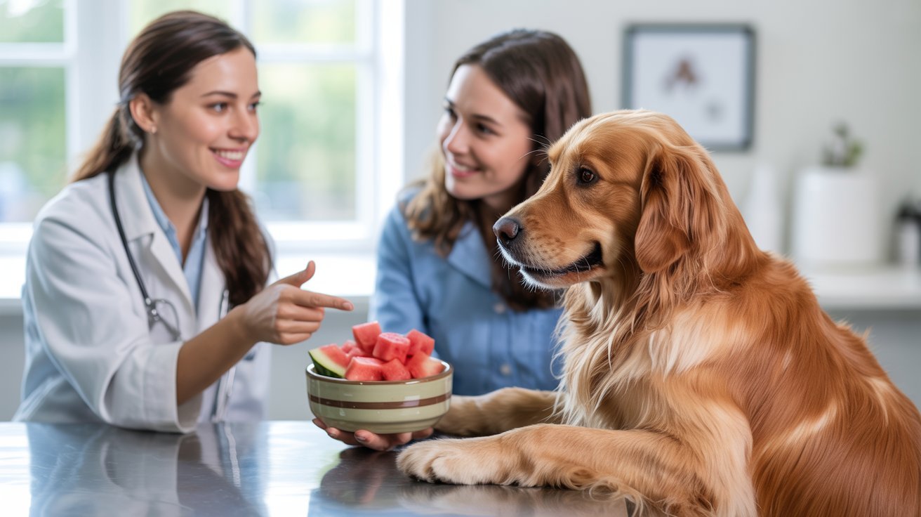 "Veterinarian advising dog owner about feeding watermelon treats to a healthy golden retriever"