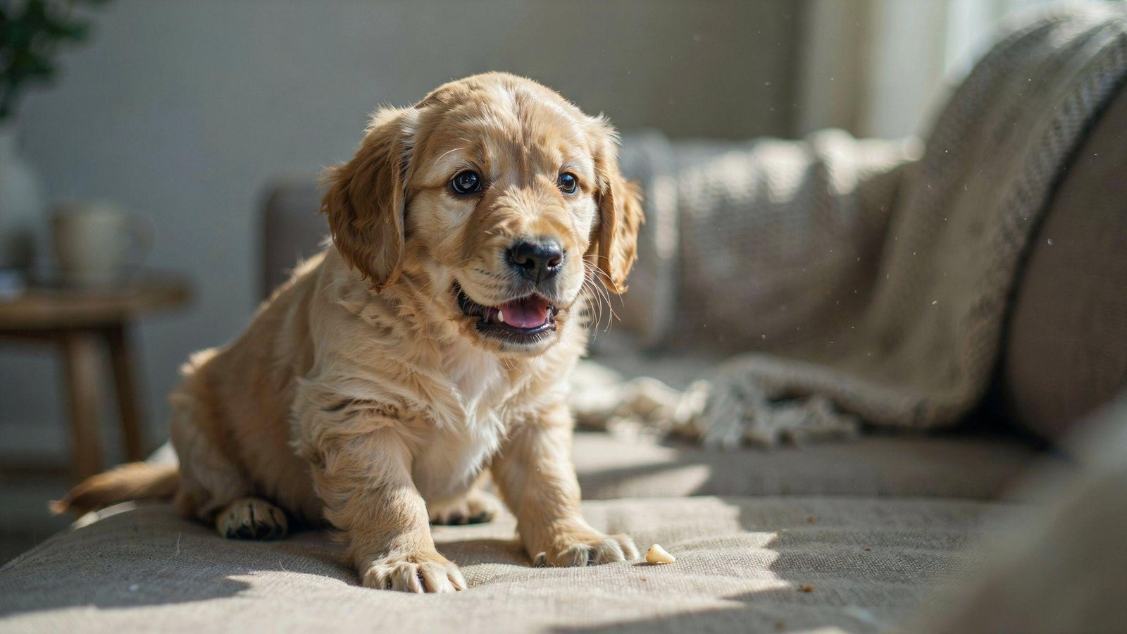 "Close-up of a puppy on a couch with a fallen baby tooth beside it, highlighting early dog dental development in a cozy home setting."