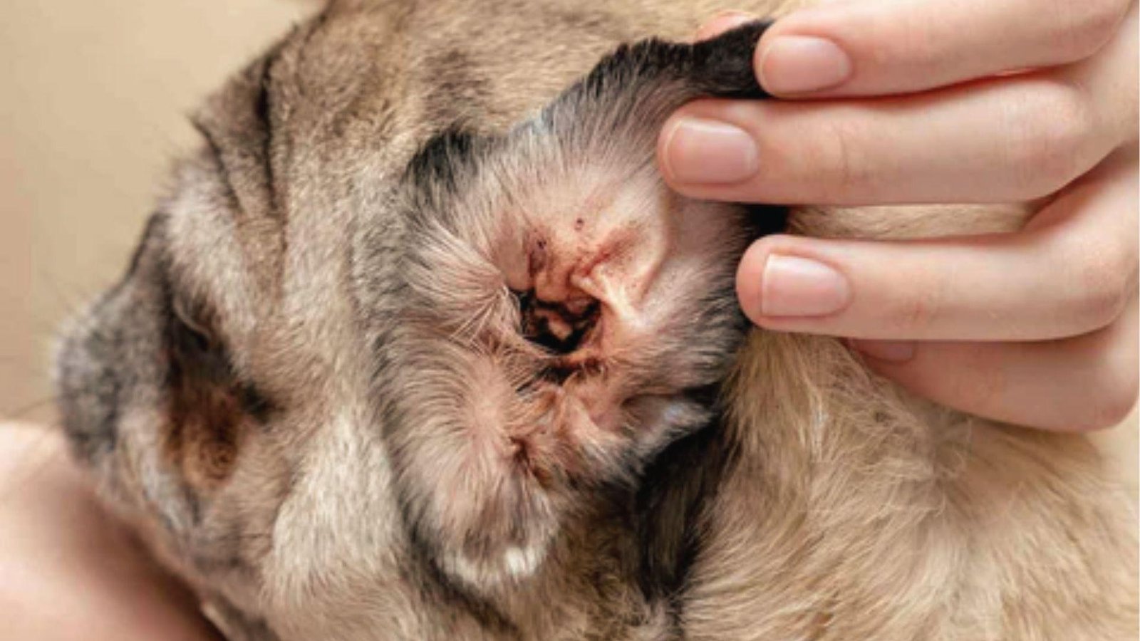 Pug’s infected ear held open showing dark debris and swelling, typical of yeast infection.