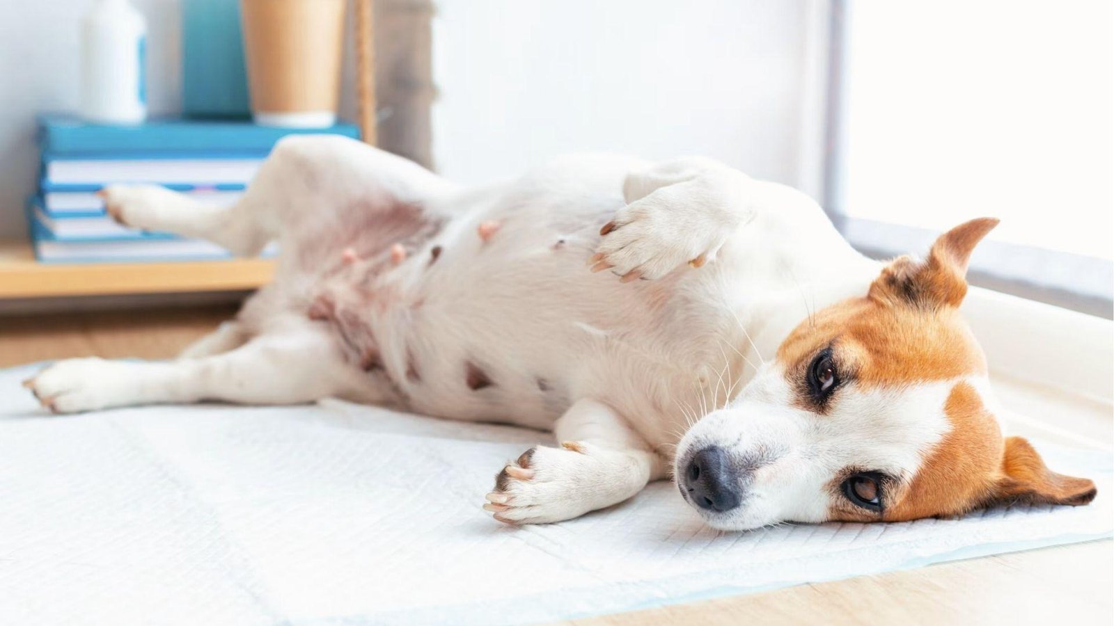 Pregnant Jack Russell lies on back showing enlarged belly, common in late dog pregnancy stages.