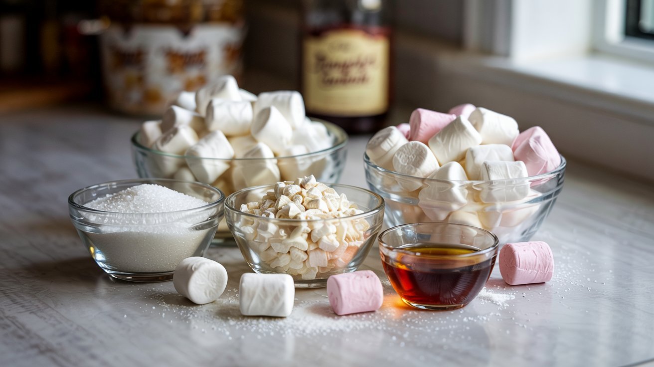 "Ingredients used to make marshmallows including sugar, corn syrup, gelatin, and vanilla arranged on a kitchen counter"