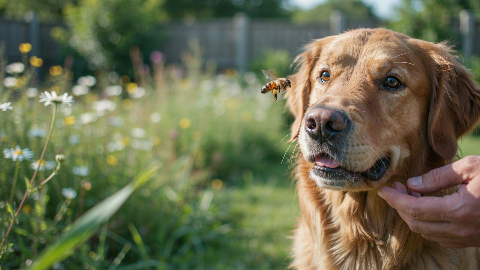 Dog with mild muzzle swelling after bee sting in sunny outdoor garden setting
