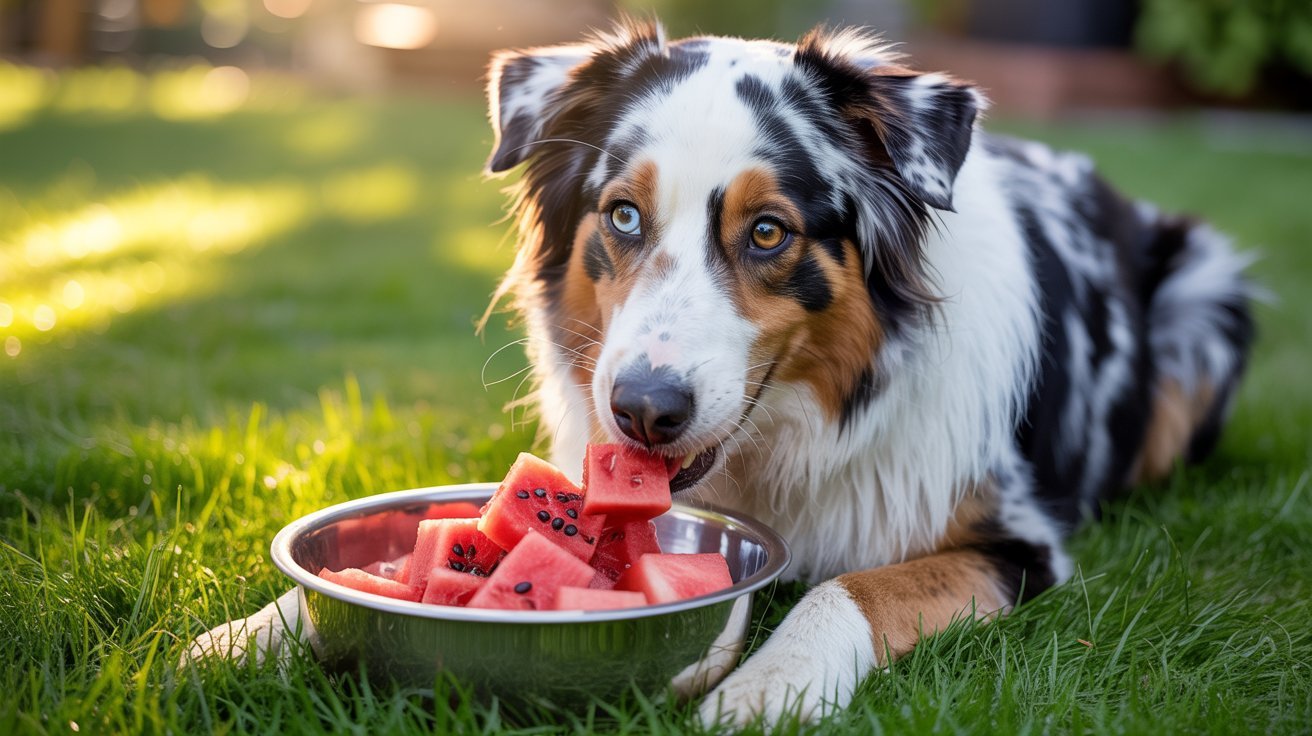 "Australian shepherd eating fresh seedless watermelon cubes outdoors on a sunny day"