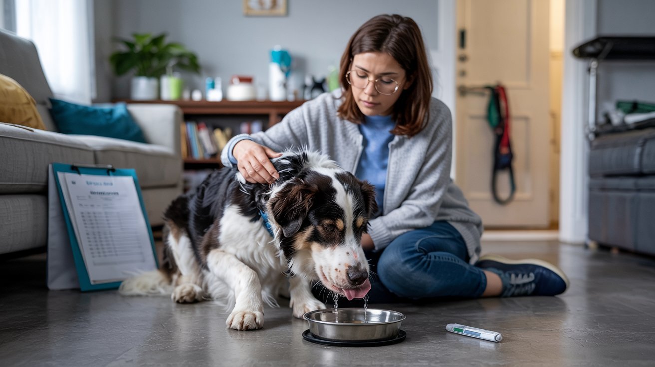 Dog drinking water indoors while owner observes subtle signs of possible illness in a calm home setting