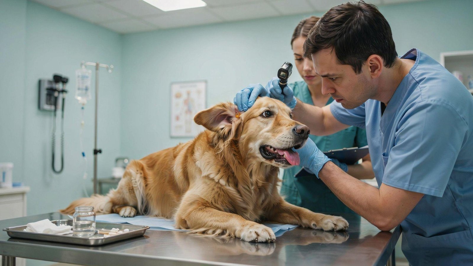 Dog showing ear infection symptoms pain head tilt swelling discharge urgent veterinary care clinic examination scene