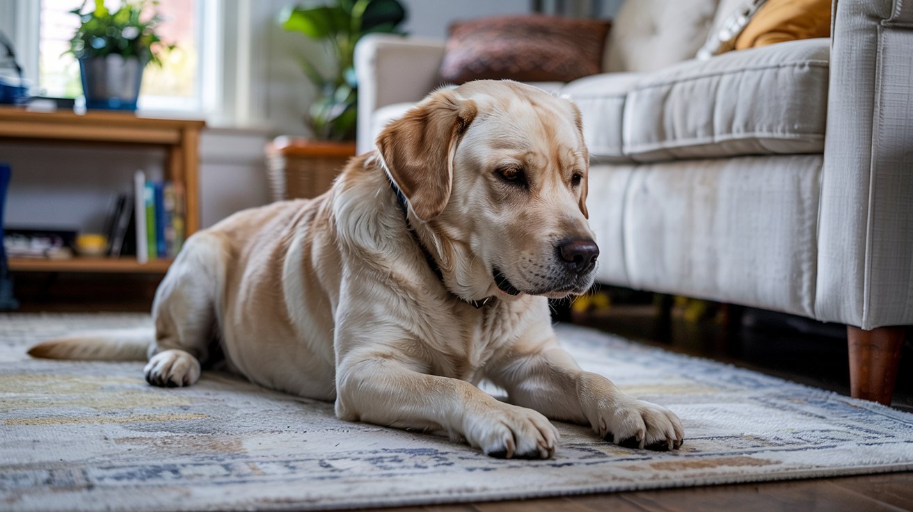 "Labrador dog calmly resting indoors while paying attention to its front paws"