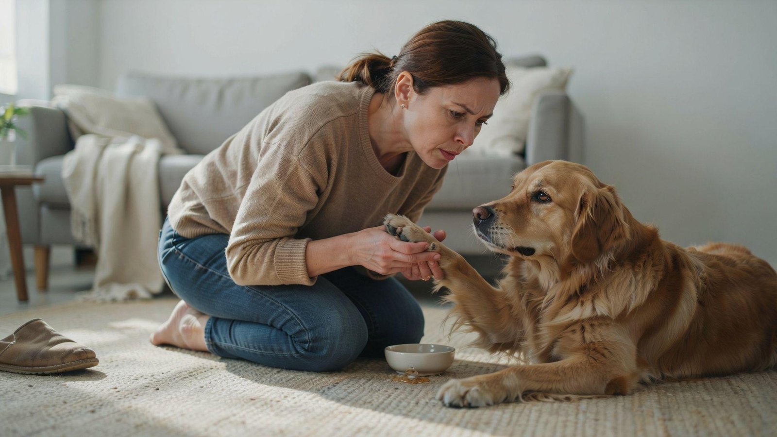 Concerned owner examining limping dog paw indoors, warm lighting, veterinary care, emotional close-up scene shot