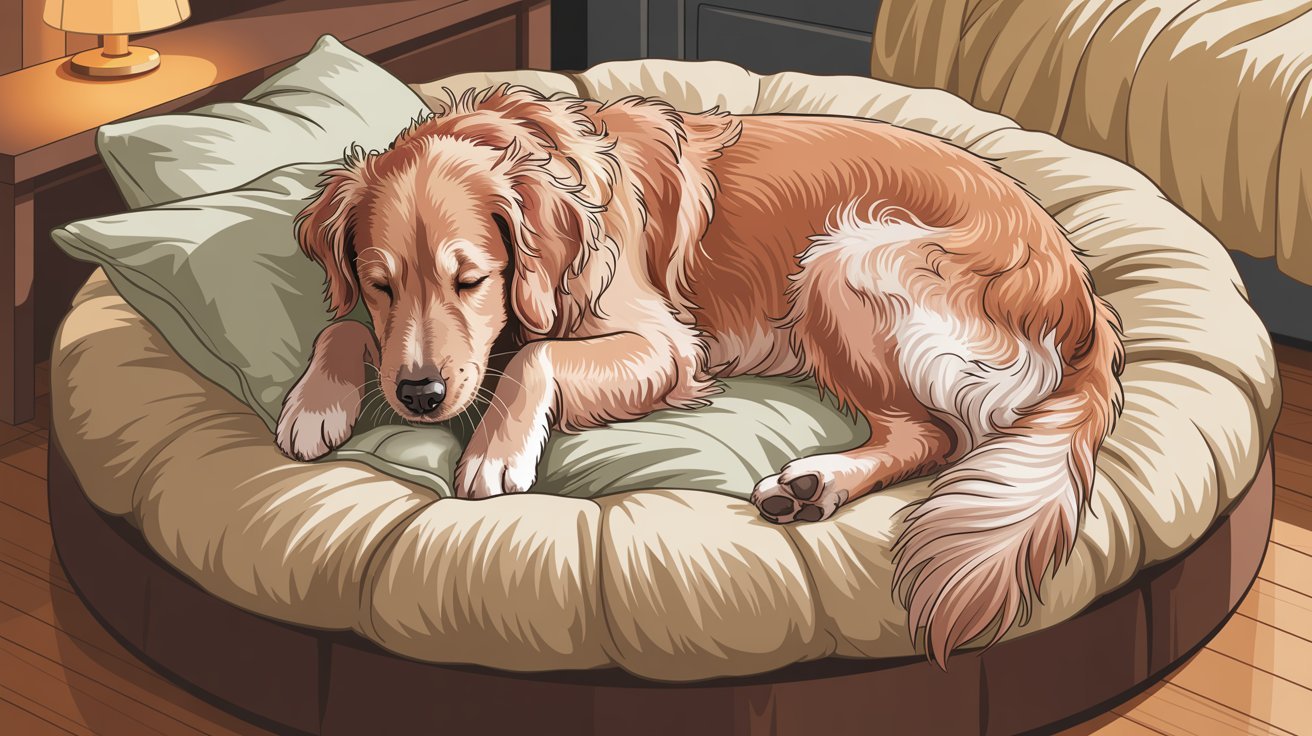 Dog circling and shaping soft bed blankets nesting behavior preparing comfortable sleeping spot indoors