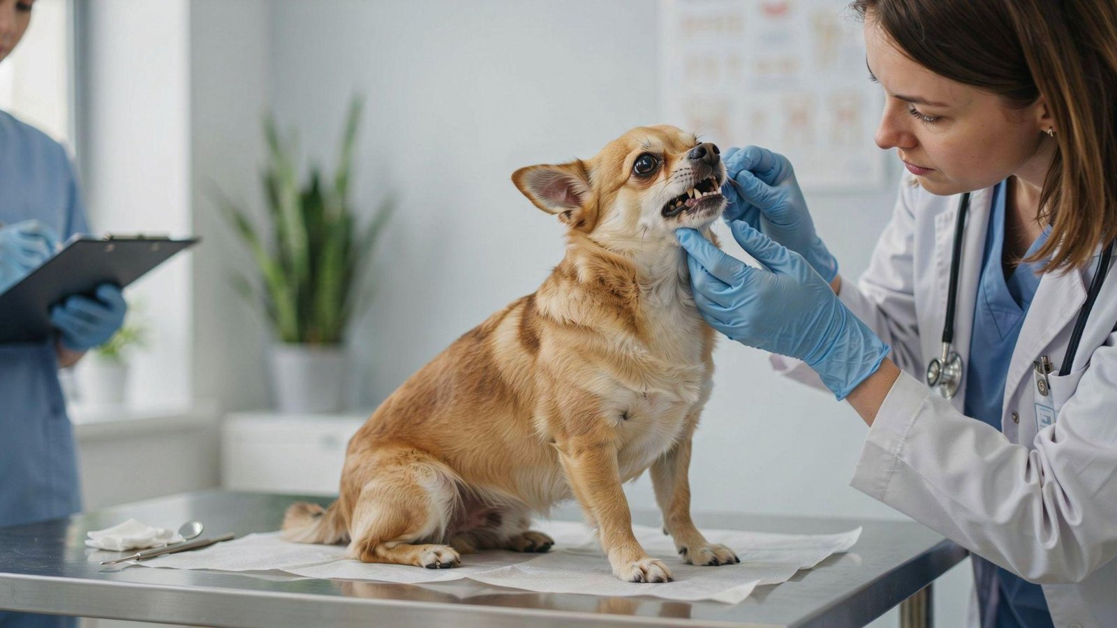 "Veterinarian examining small breed dog with crowded teeth and mild brown staining due to genetic dental issues"