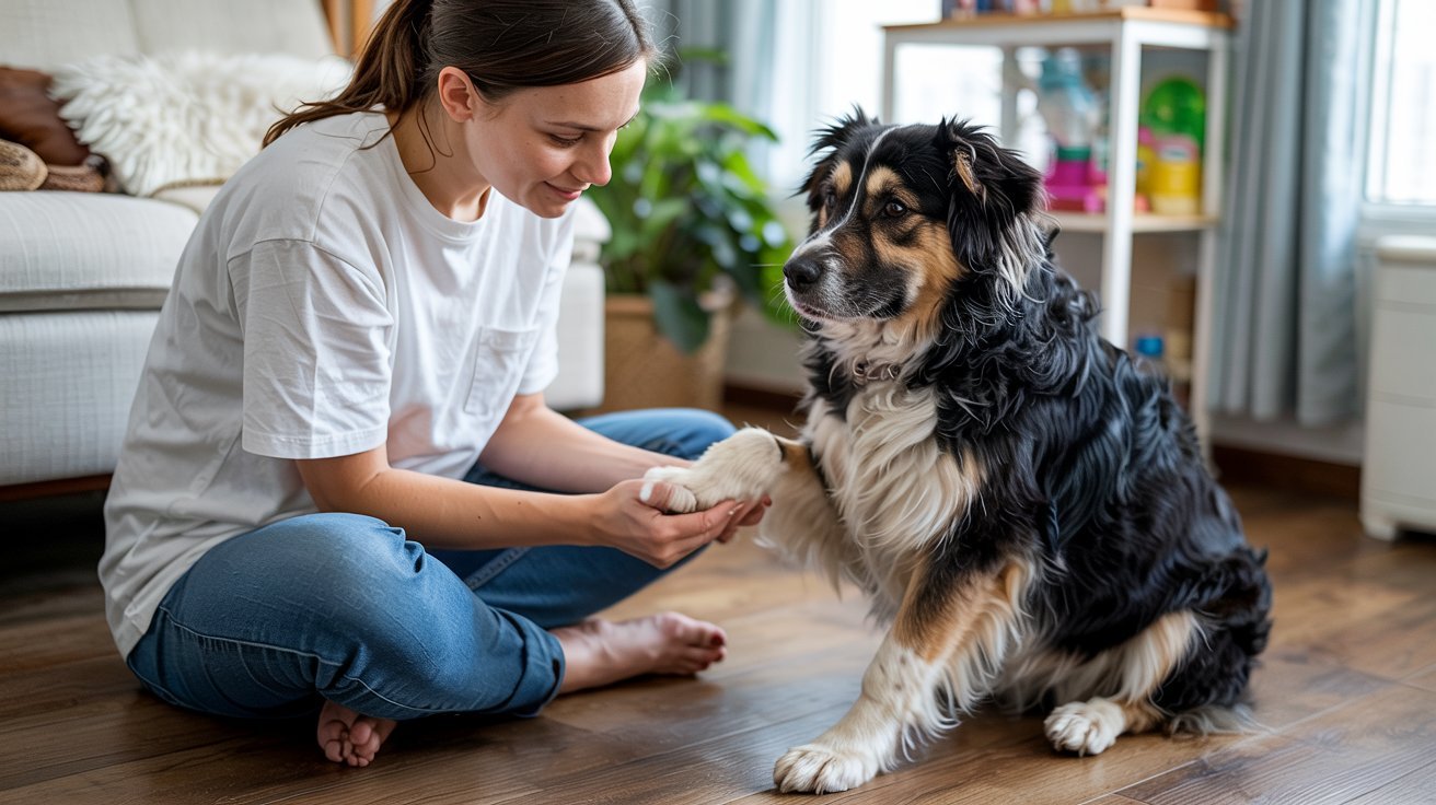 "Dog owner checking a dog's paws indoors for signs of irritation or injury"