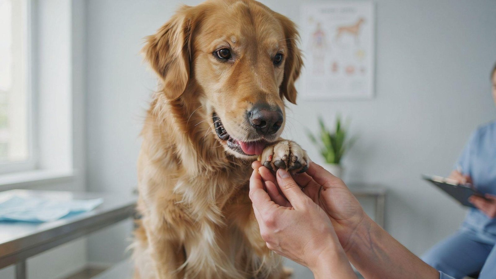 Owner gently inspecting dog paw and leg for injury indoors careful veterinary check close-up scene