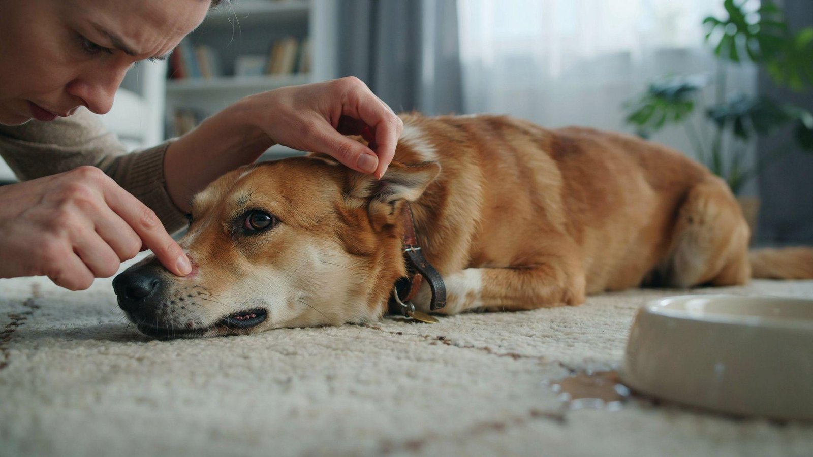 "Pet owner demonstrating gum press and skin pinch tests on dog to check dehydration at home"