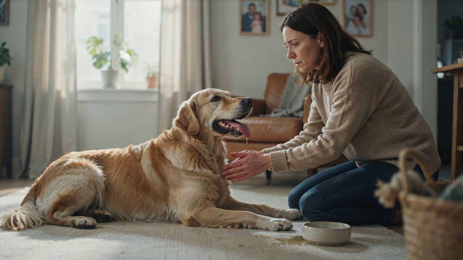 Dog panting heavily while resting indoors, highlighting potential health issues requiring veterinary attention.