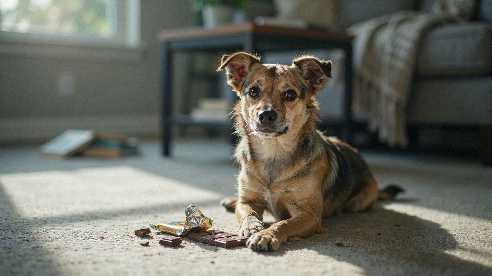 "Small dog sitting near dark chocolate wrappers while appearing healthy after eating chocolate"