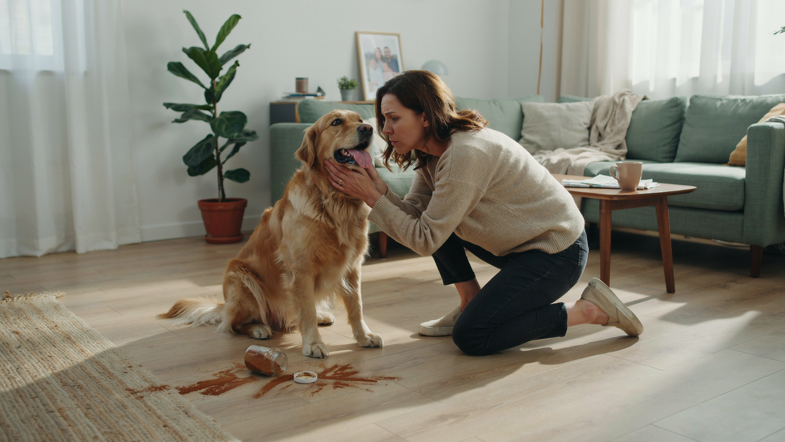 Dog owner checking on a dog after a cinnamon spill in the kitchen.
