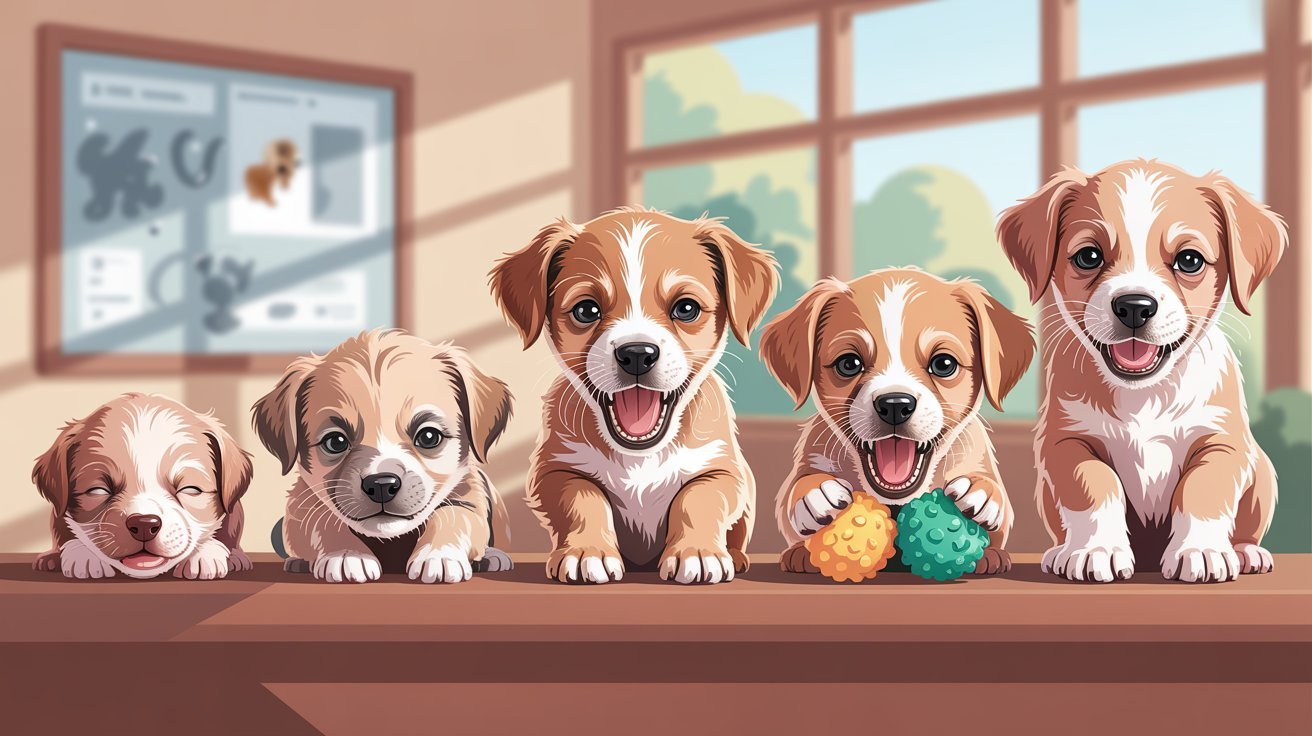 Puppy teething stages timeline showing dental growth from birth to adult teeth development illustration concept