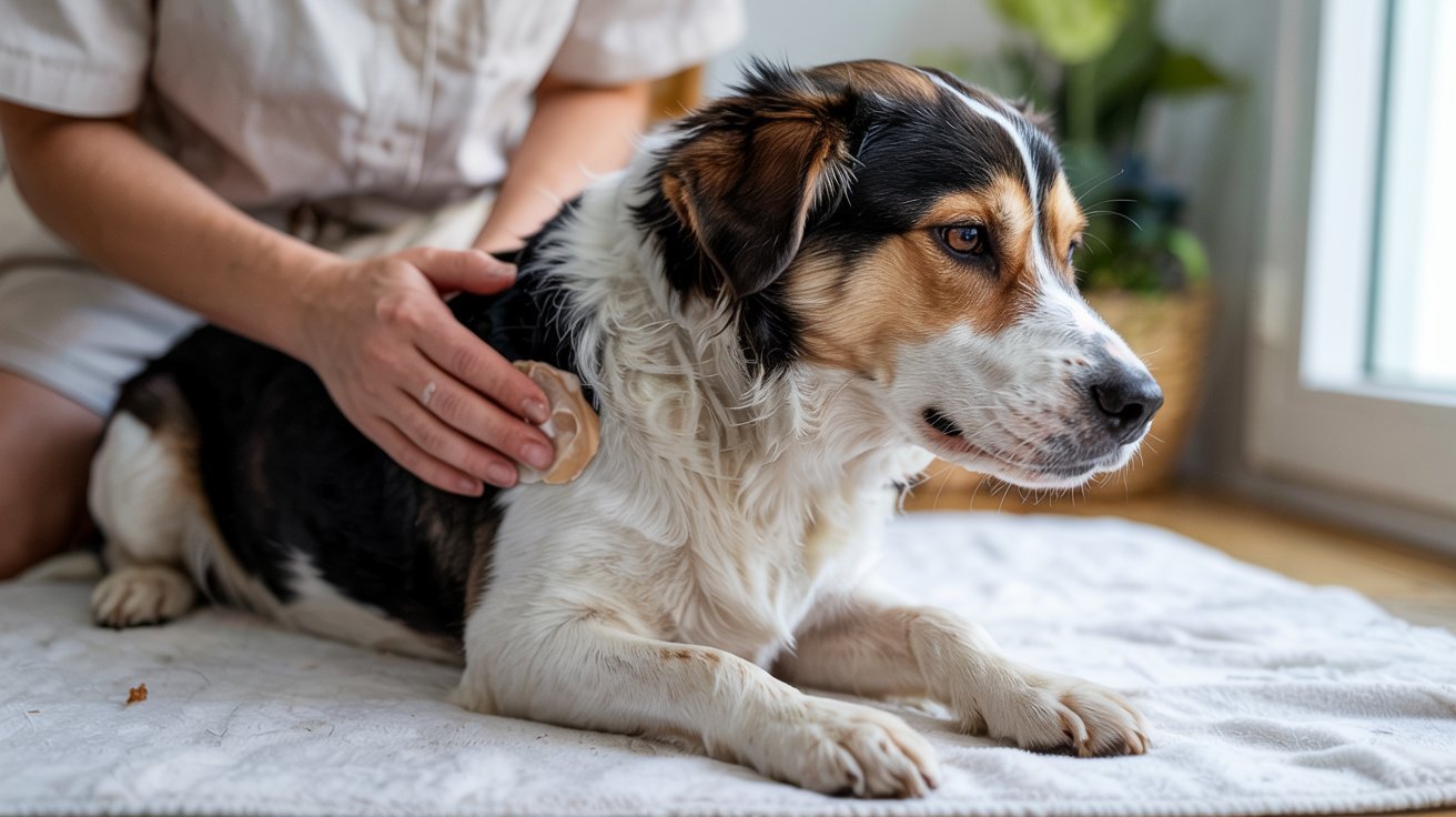 "Dog receiving a soothing treatment for itchy skin spots at home"