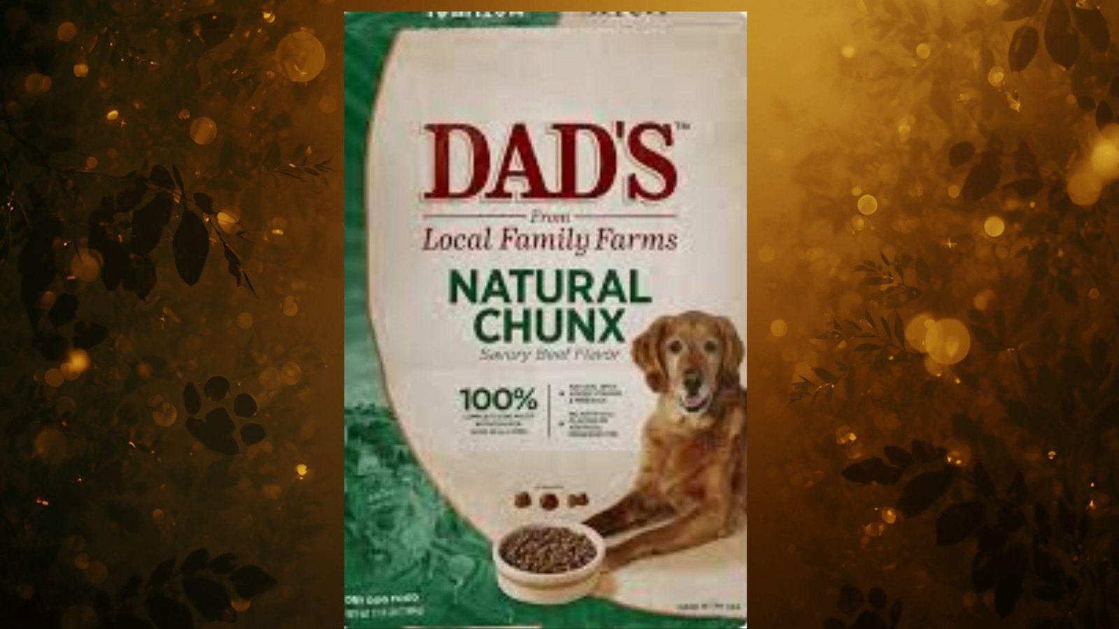 "Dad's Natural Chunx savory beef flavor dry dog food bag from local family farms with golden retriever on golden bokeh background"