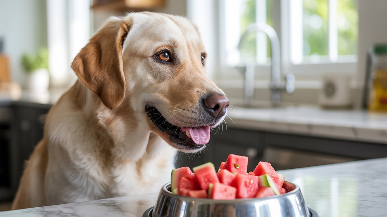 "Labrador safely eating seedless watermelon pieces from a bowl in a bright kitchen"