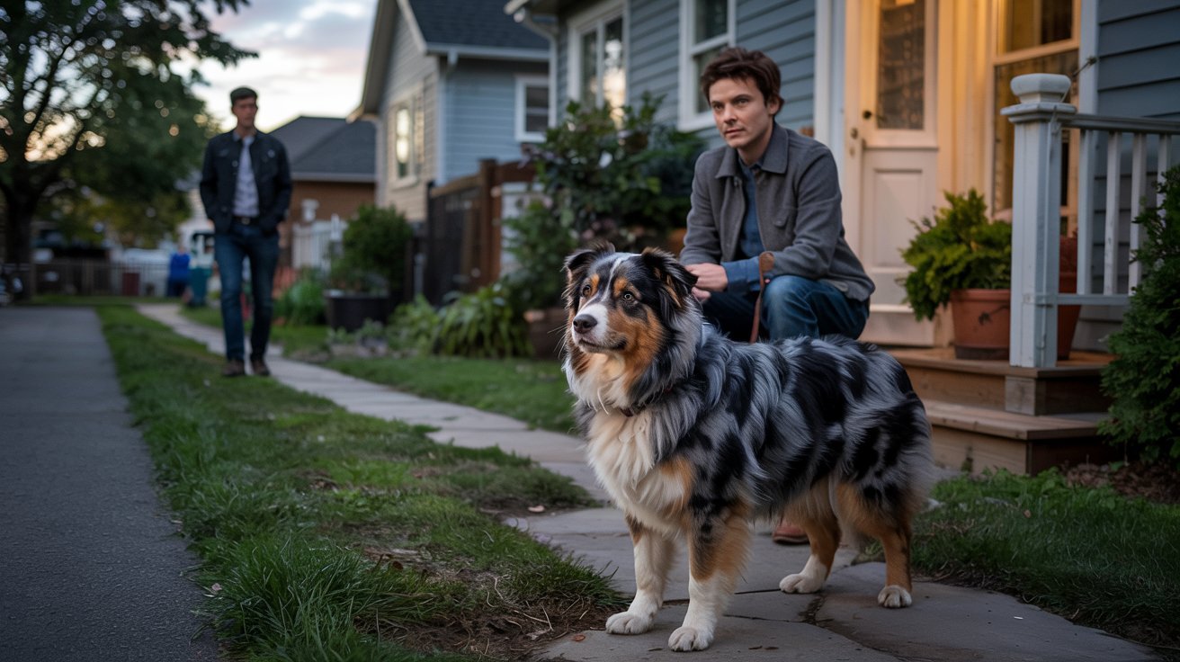 "Australian Shepherd temperament showing calm protective behavior as alert dog watches stranger near home with owner"