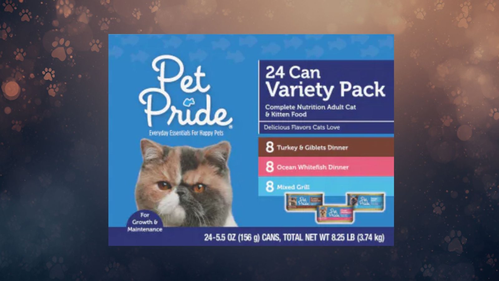 -"Pet Pride 24 Can Variety Pack wet cat food with turkey, ocean whitefish, and mixed grill flavors"