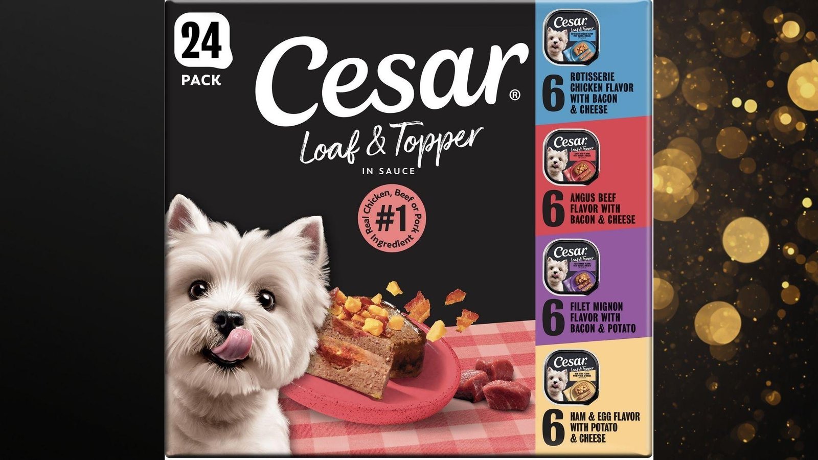 "Cesar Loaf & Topper 24-pack wet dog food box with Westie on black and gold bokeh background"
