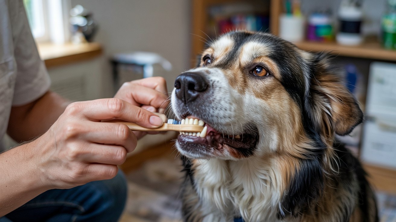 "Dog with visible dental staining being introduced to tooth brushing by owner at home"