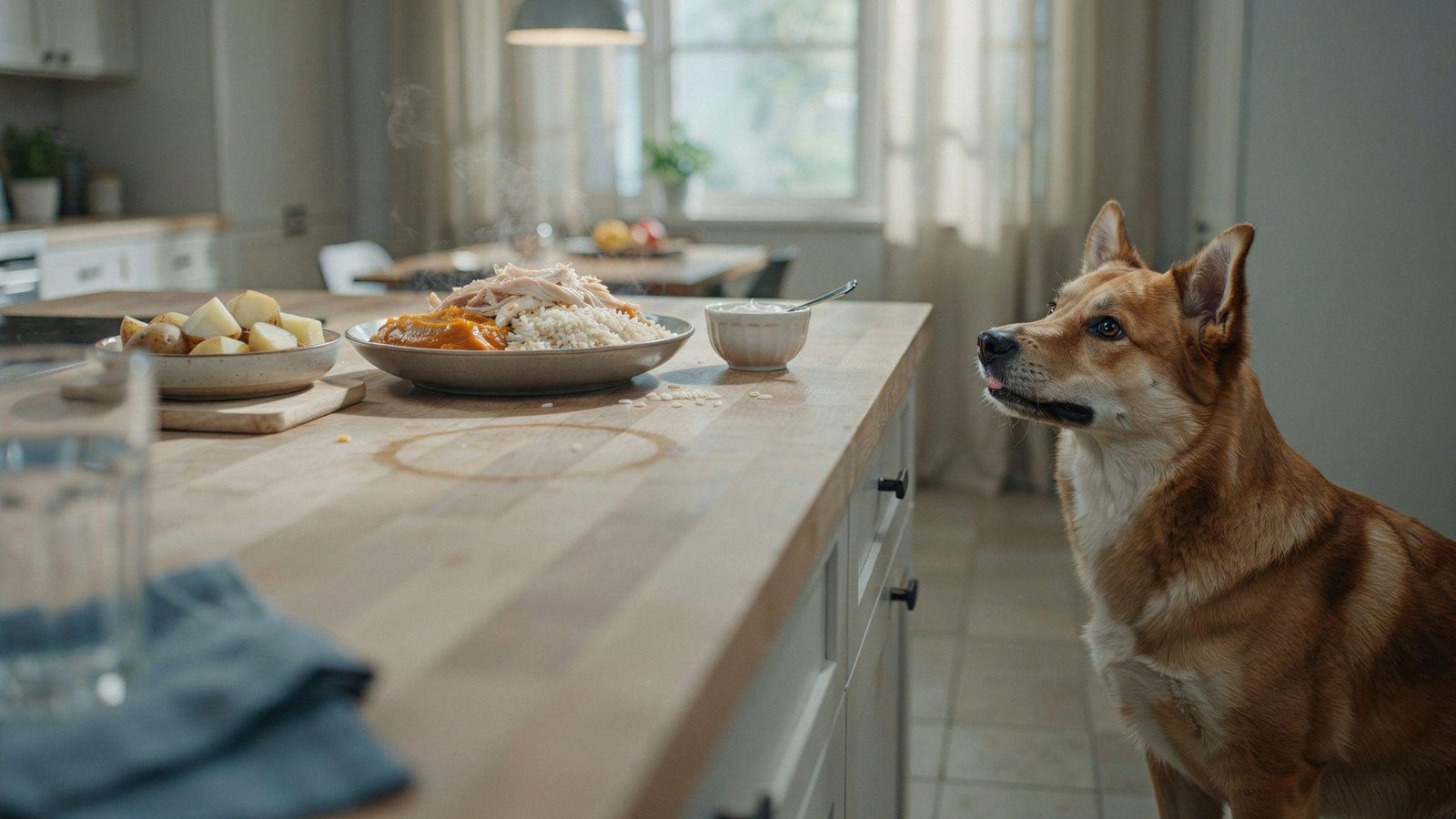 "Homemade bland diet foods for dogs with diarrhea including boiled chicken, rice, pumpkin, and potatoes prepared in a kitchen"