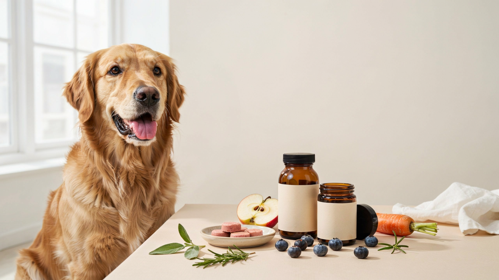 Healthy dog with pet wellness supplements and natural ingredients.