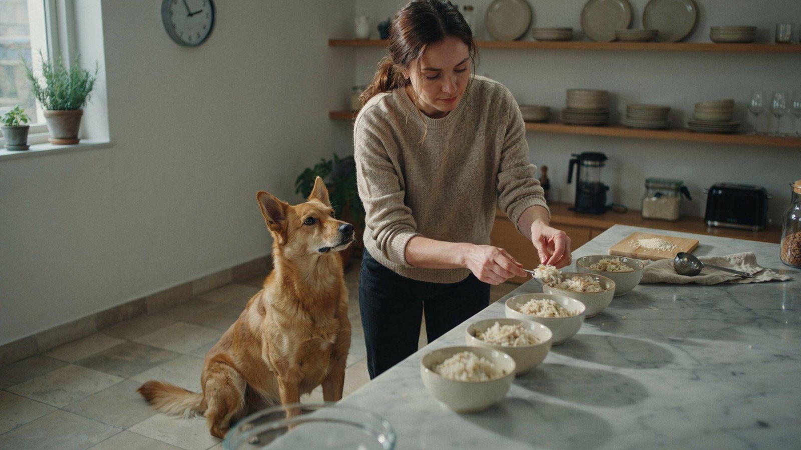 "Pet owner preparing small frequent meals for a dog with diarrhea to support gentle digestion recovery"