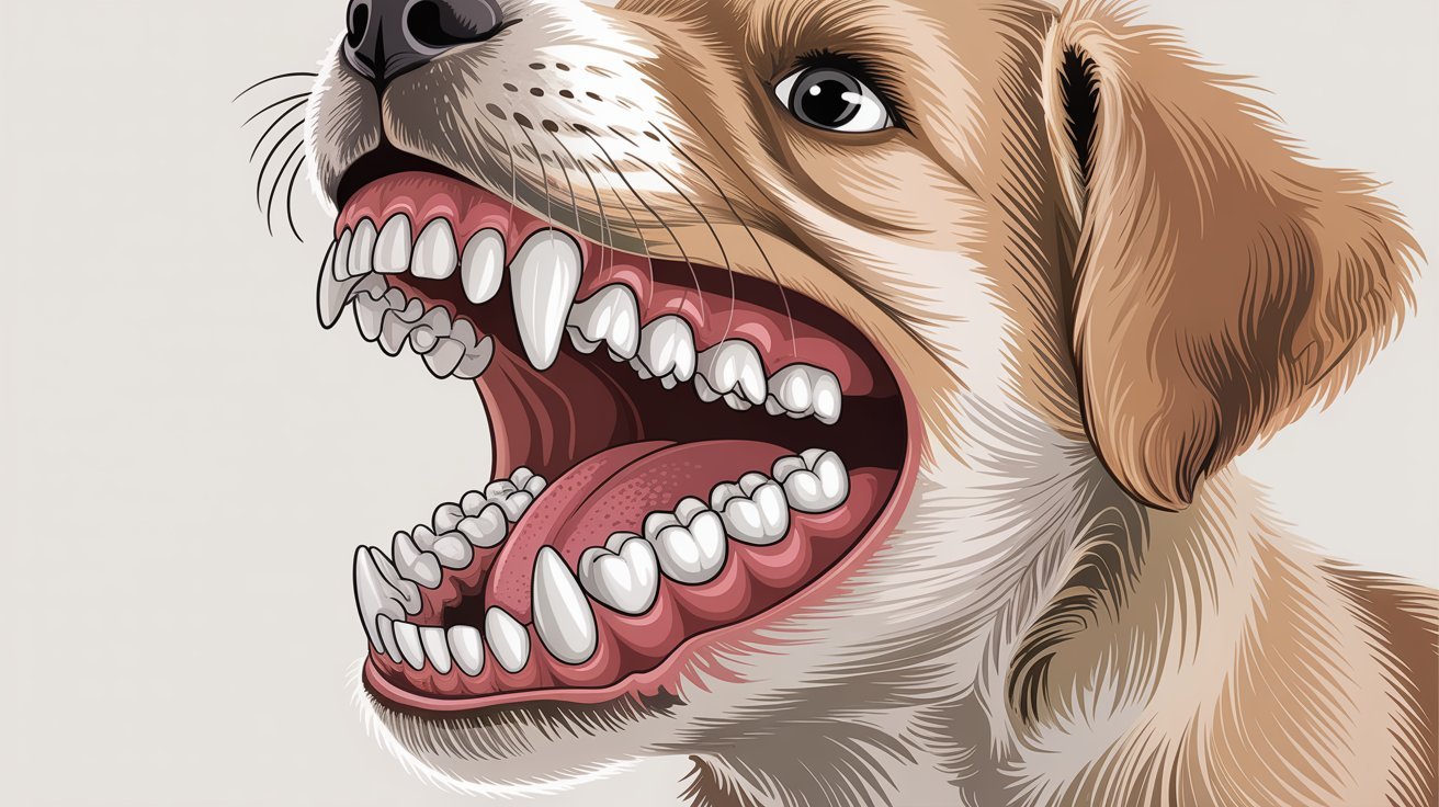 puppy retained baby teeth causing crowding and misalignment dental issue veterinary illustration concept