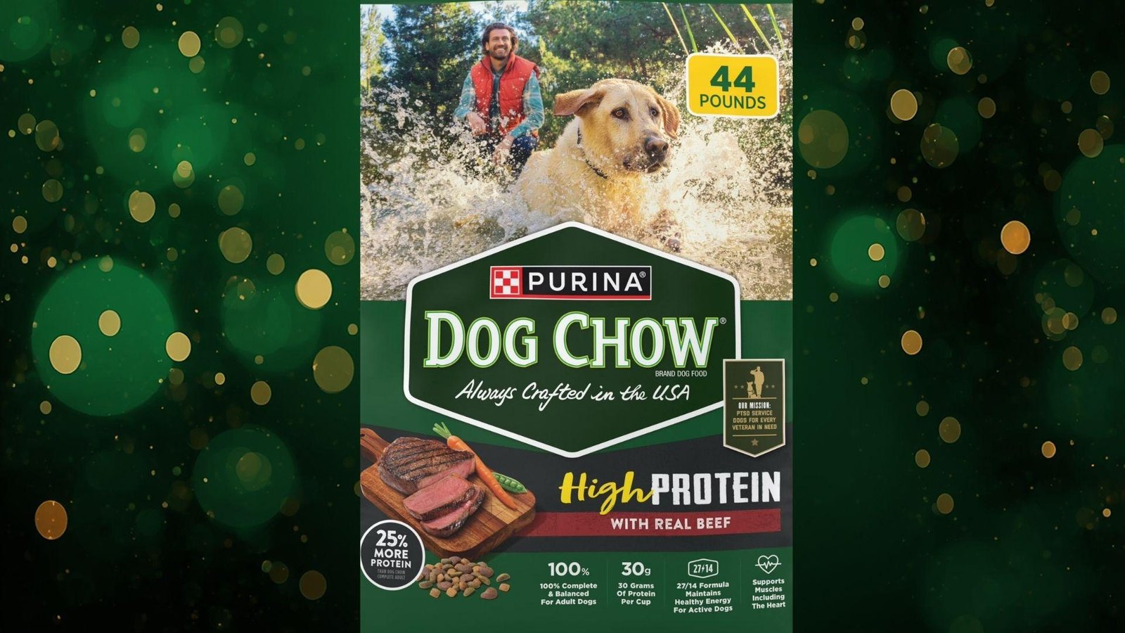 "Purina Dog Chow High Protein with real beef dry dog food 44 pound bag for active adult dogs on green bokeh background"