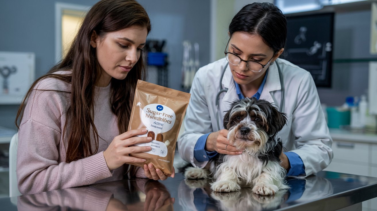 "Veterinarian examining a sick dog in clinic while owner holds unbranded marshmallows, representing health risks like sugar and xylitol"