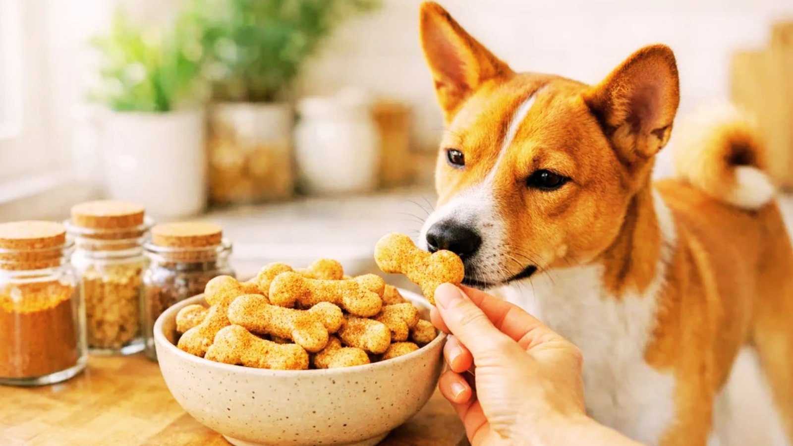dog smelling the cinnamon bark.