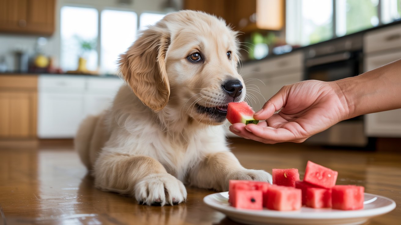 "Golden retriever puppy safely eating a small seedless watermelon piece indoors"
